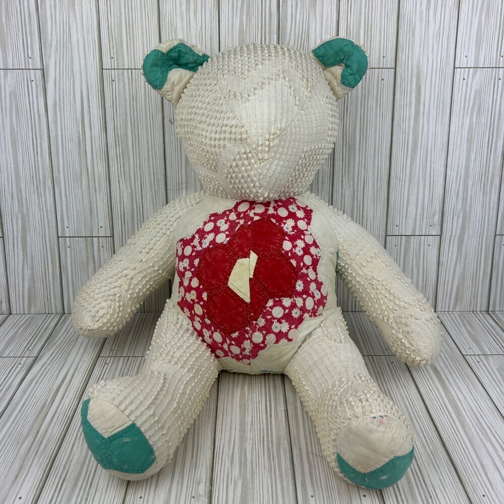 Handmade Teddy Bear Plush Made of Vintage Grandmas Garden Quilt & Chenille 14"